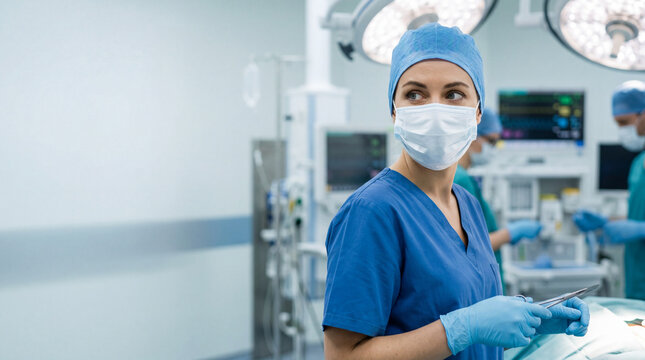 A young female surgeon in blue scrubs and a face mask stands in a modern operating room holding surgical instruments during a medical procedure with colleagues and monitors in the background