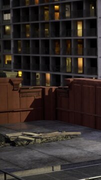 A night scene shows a construction site on a rooftop with wooden beams and scattered materials. City lights glow from nearby buildings in the background.