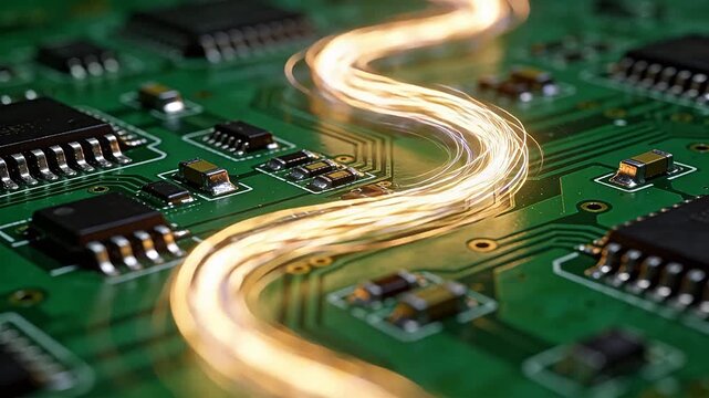 Green circuit board with electronic components and golden data traces