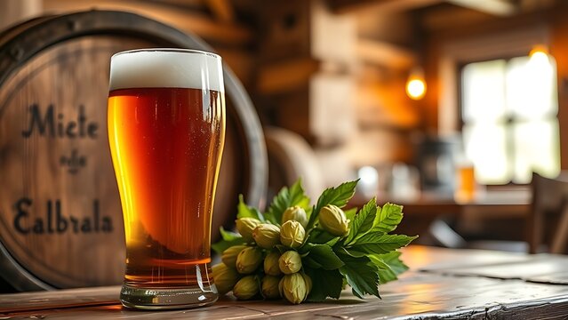 fermentation. Rustic still life of a beer glass with wooden barrel and fresh hops, evoking warm tavern vibes. bar promotions, beverage menus, designed for product packaging and bar promotions.
