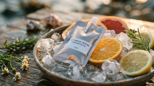 an intimate focus on the small serum pouch, highlighting its glossy surface against the textured backdrop of saltwater and ice cubes. the scene captures a tactile quality