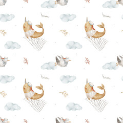 Pattern whale narwhal, seagulls sailors in clouds, seine, seaweed, corals. Watercolor illustration fish bird hand-drawn in nautical children's style, isolated background for design fabrics wallpaper © Anastasia Brekhova