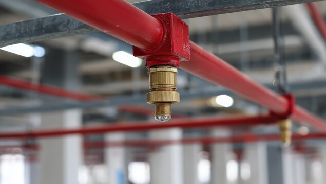 Close-up of a red fire sprinkler system pipe with a sprinkler head.
