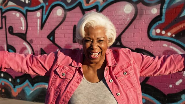 A joyful senior Black woman with short white hair laughs with head tilted back and arms wide open, standing in front of a colorful graffiti brick wall at sunset or golden hour.