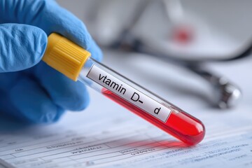 Naklejka premium Close-up of a blood sample tube labeled Vitamin D in a medical laboratory setting.