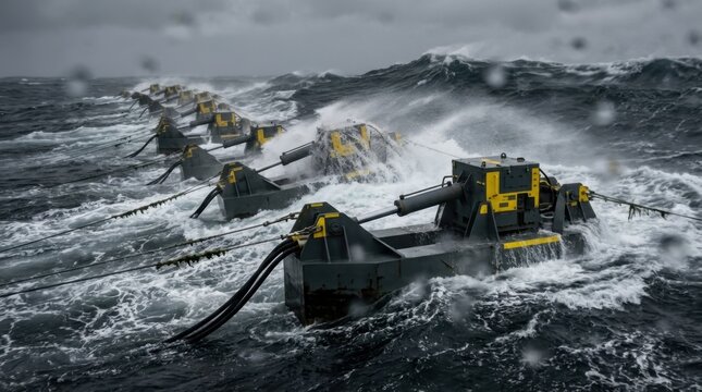 A kinetic wave energy converter array photographed at sea during a storm shows the devices riding massive swells, hydraulic rams extending and compressing as each unit