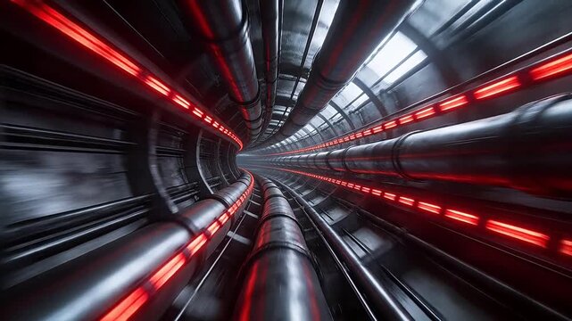 Industrial tunnel with red lights and metal pipes