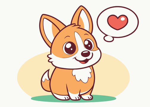 Cartoon corgi sits on green grass with a heart in a round bubble.