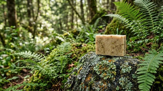 a bold graphic commercial shot of the unlabeled soap bar prominently positioned on a lichen-covered stone, surrounded by fern accents that enhance the natural look. the