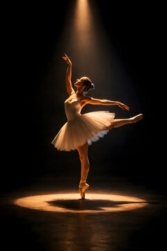 Ballerina in an arabesque. Medium shot. Low key. Continuous line from fingers down her back to her outstretched leg.