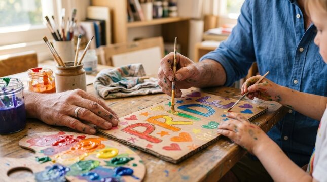 a close-up of the artist's hands delicately applying the finishing touches to the pride sign, with colorful paints and brushes carefully arranged nearby. the warm