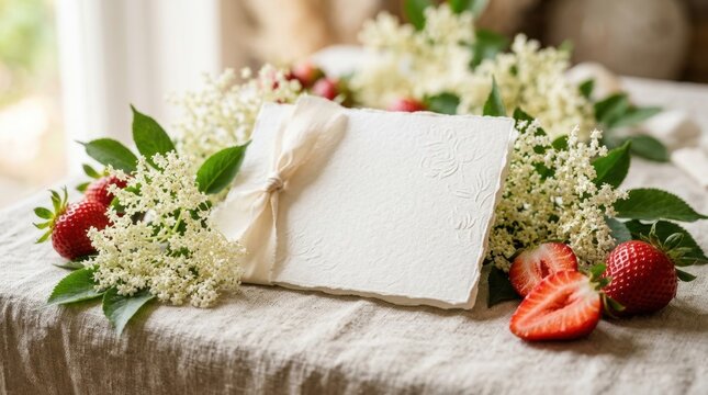 an intimate close-up detail shot of the elegantly styled blank menu card surrounded by fresh elderflower blossoms and ripe strawberries. the soft focus creates a dreamy