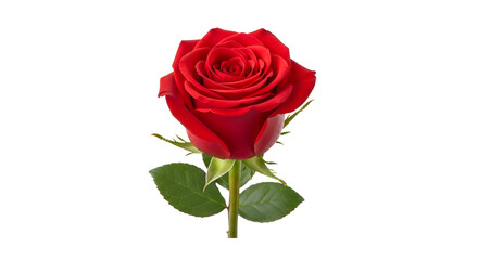 Fototapeta premium A single red rose with green leaves on a white background