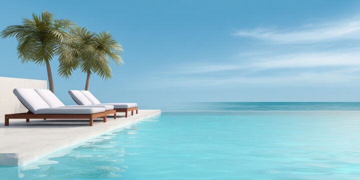 Ocean horizon infinity pool with double lounge chairs and palm trees under bright blue sky tranquil coastal escape
