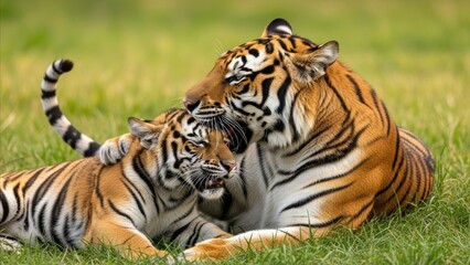 Fototapeta premium Animal - Adult Tiger Grooming Young Tiger Cub While Resting Together on Green Grass in Warm Sunlight