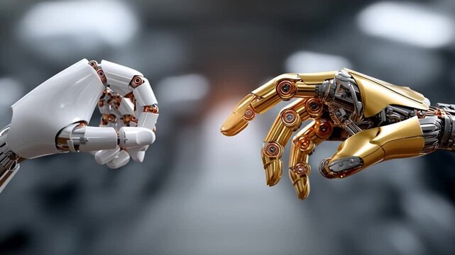 Robotic Hands Touch: Two robotic hands, one gleaming gold and the other pristine white, meet in a futuristic embrace, symbolizing the intersection of artificial and human worlds.