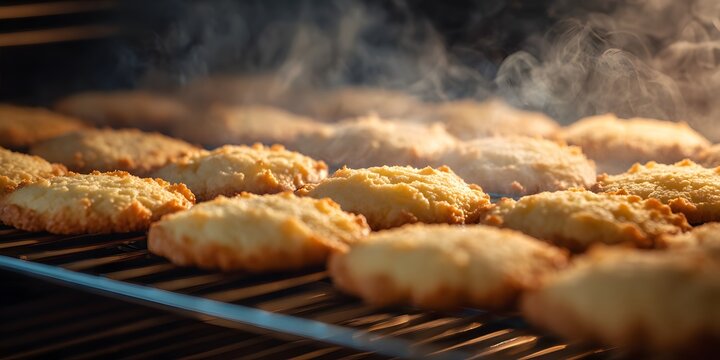 Aroma of baking shortbread cookies overpowers the air clean professional stock photo sharp macro photography style cinematic realism ultra photorealistic no text no watermark