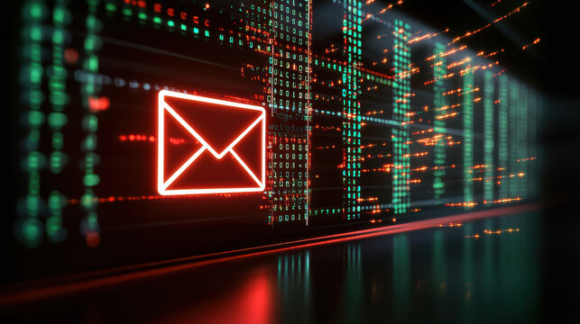 Glowing red envelope icon digital mail cybersecurity data transfer binary code dark background