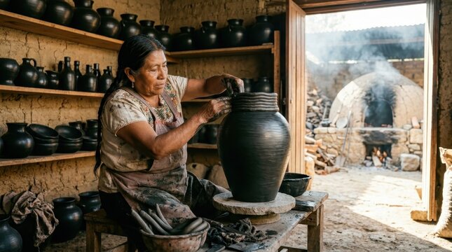 A traditional Oaxacan black clay pottery workshop, a potter shaping the neck of a tall mezcal storage vessel on a low rotating stone disc using the yoke technique with no