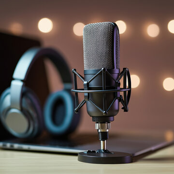 Studio condenser microphone, professional audio equipment, high fidelity sound, modern workspace, headphones, laptop, creative mood