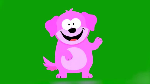 A playful 2D vector animation of a bright pink stylized dog character performing a lively dance routine. Isolated on a green screen, this energetic asset is ideal for children's programming, upbeat so