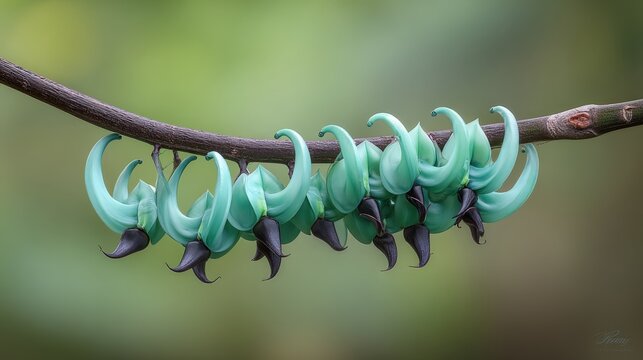Unique turquoise jade vine flowers hang from a curved wooden branch against a blurred natural background.