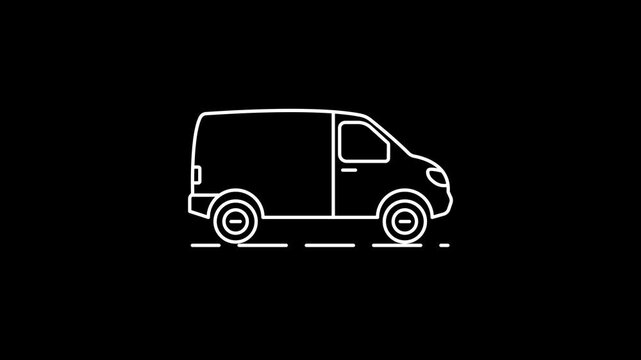 Delivery van line icon animation loop on black background for logistics and transport visuals