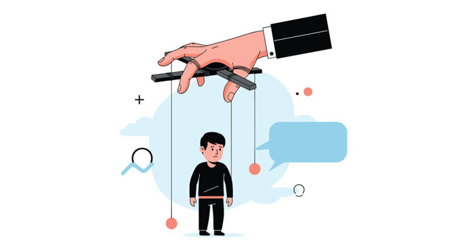 Large hand of a businessman manipulates a small person as a puppet with strings to symbolize control and lack of freedom in a career.