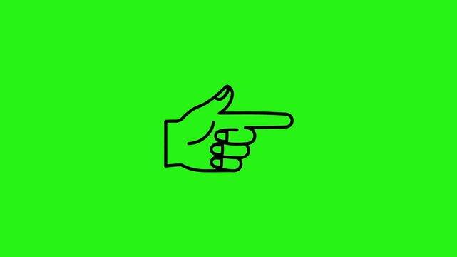 Index finger black line icon pointing to the right loop animation on green screen background for overlay use