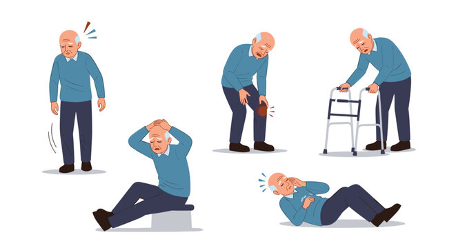 Set of illustrations showing an elderly man suffering from different health problems including knee pain, dizziness, and a fall.