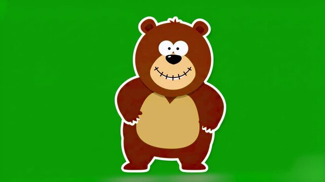 A cute 2D vector animation of a happy grizzly bear character performing a cheerful dance with a wide smile. Isolated on a green screen, this playful asset is perfect for children's educational content