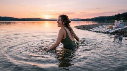 Fototapeta premium a low-angle perspective of the travel blogger enjoying her lakeside swim, framed against the soothing colors of the sunset sky and the soft lap of water. the blanket and