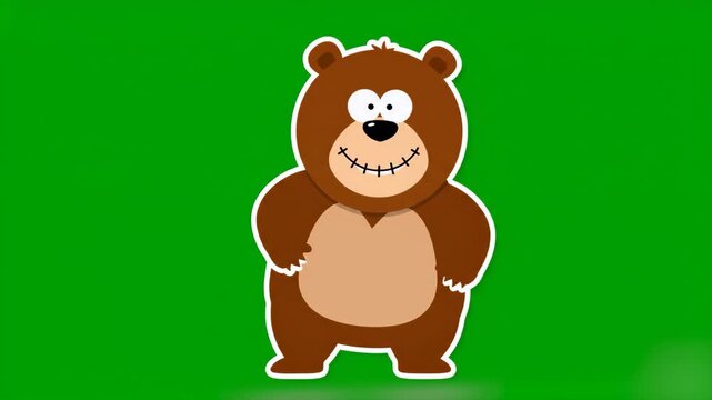 A cute 2D vector animation of a happy grizzly bear character performing a cheerful dance with a wide smile. Isolated on a green screen, this playful asset is perfect for children's educational content