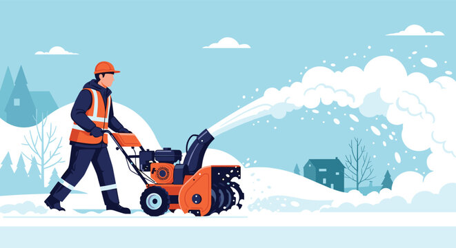 Municipal worker in a safety vest using a snow blower to clear a white path in a snow covered suburban neighborhood.