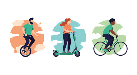 Obraz premium Illustrations of three people using different eco-friendly urban transport methods like a unicycle, electric scooter, and bicycle.