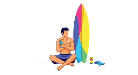 Fototapeta premium Young man sitting on the sand applying sunscreen to his chest near a colorful surfboard and sun protection products for beach safety.