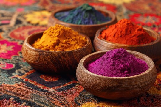 Vibrant Holi Colors in Wooden Bowls on Traditional Fabric.