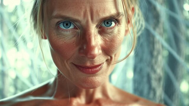 Intense portrait of a mature woman with striking blue eyes conveying strength resilience and vulnerability perfect for editorial beauty campaigns and character studies