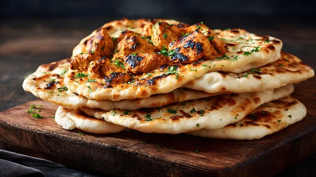 Soft pillowy naan bread smothered spiced chicken tikka clean professional stock photo sharp macro photography style cinematic realism ultra photorealistic no text no watermark