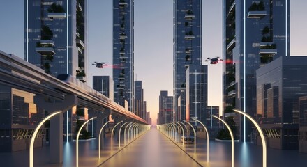 Fototapeta premium Futuristic Cityscape with Drones and Modern Transportation Systems at Dusk