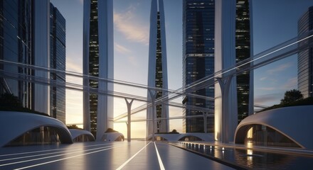 Fototapeta premium Futuristic Cityscape with Sleek Towers and Elevated Transport Systems at Dawn