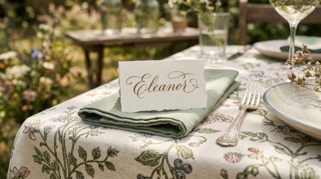 a close-up detail shot focusing on the elegantly calligraphed place card resting atop the matching napkins, revealing the intricate floral patterns and soft cream texture