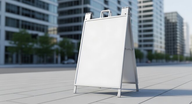 Empty white sandwich board sign on urban plaza with modern skyscrapers in background