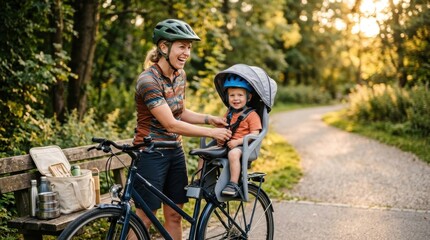 Fototapeta premium a bold composition features a 34-year-old white female cyclist, her expression of joy while preparing to ride with her child in a bike seat taking center stage. the