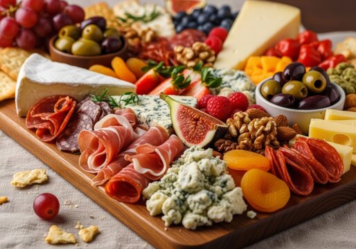 Gourmet Charcuterie and Cheese Platter With Fruits and Nuts