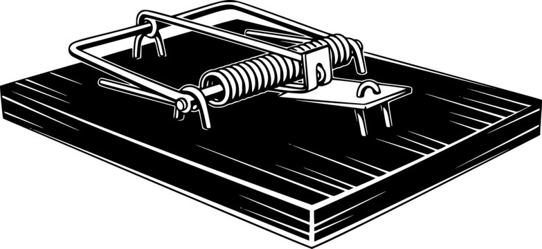 Pest control equipment and rodent capture mechanism icon featuring a simple black silhouette of a detailed spring loaded mousetrap &ndash; Black and White Vector Illustration