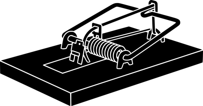 Pest control equipment and rodent capture mechanism icon featuring a simple black silhouette of a detailed spring loaded mousetrap &ndash; Black and White Vector Illustration