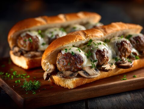 Savory beef mushroom meatball subs clean professional stock photo sharp macro photography style cinematic realism ultra photorealistic no text no watermark