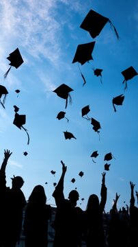 Graduates tossing mortarboards into the sky for graduation celebration banner and school event poster design