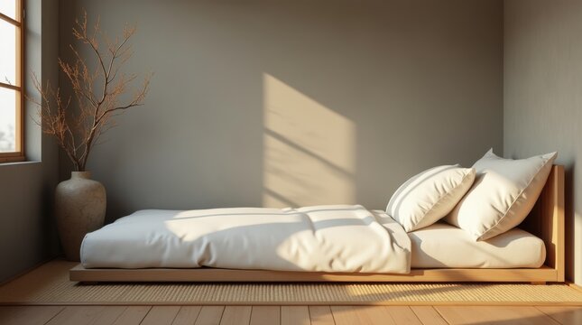 A small cozy sleeping nook featuring a simple white futon bed on a traditional tatami mat floor